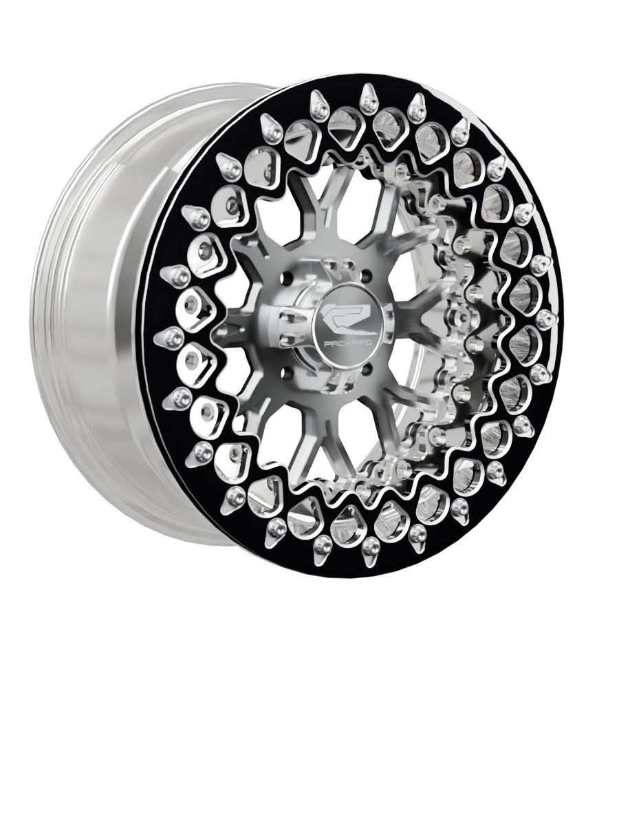 15″ Billet Aluminum UTV Beadlock Wheel (Packard Wishbone Polished Silver, 4x110) — Manufacturer studio configuration preview — wb slv 110 polb blv2 7
