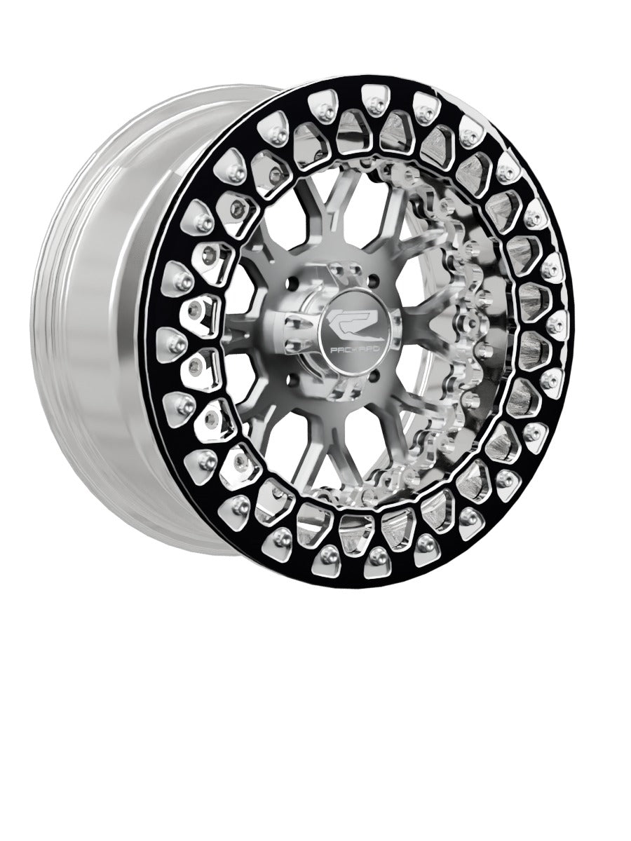 15″ Billet Aluminum UTV Beadlock Wheel (Packard Wishbone Polished Silver, 4x110) — Manufacturer studio configuration preview — wb slv 110 polb blv3 7