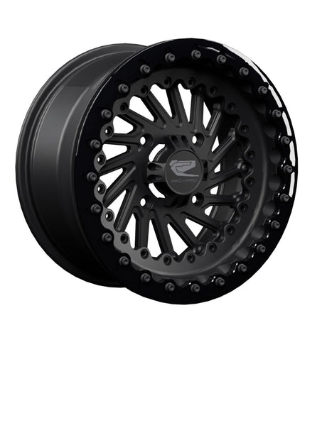 Angled view of a Packard Cyclone Midnight beadlock UTV wheel with a satin black barrel.