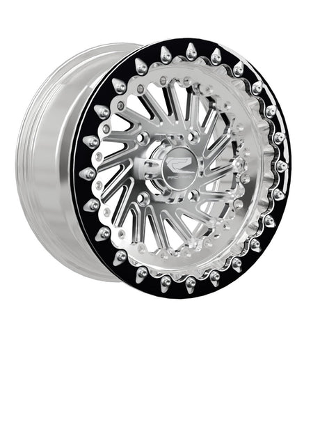Angled view of a Packard Cyclone silver beadlock UTV wheel with a polished barrel.