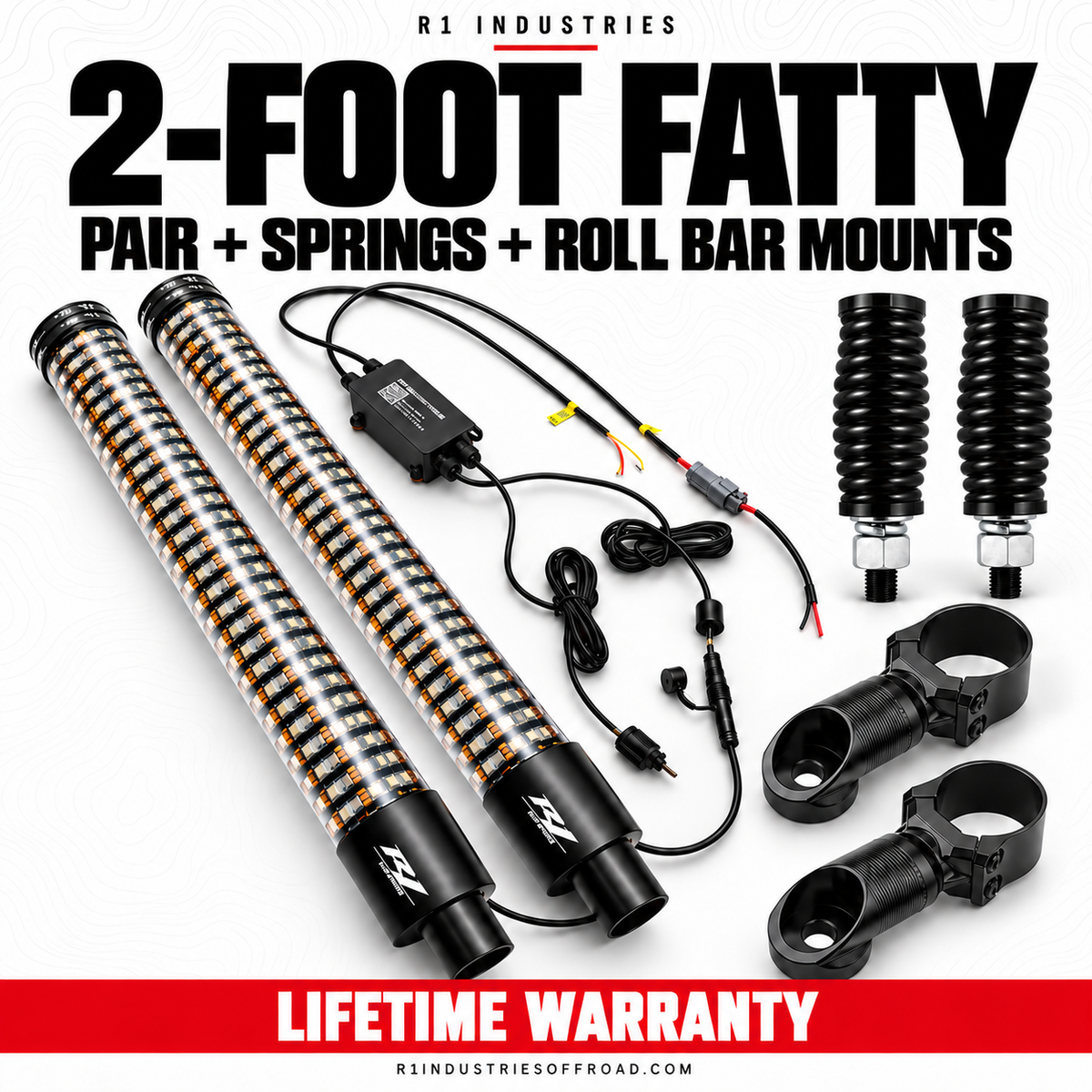 R1 Industries 2-FOOT FATTY PAIR + SPRINGS + ROLL BAR MOUNTS — RGBW LED whip configuration — Lifetime Warranty