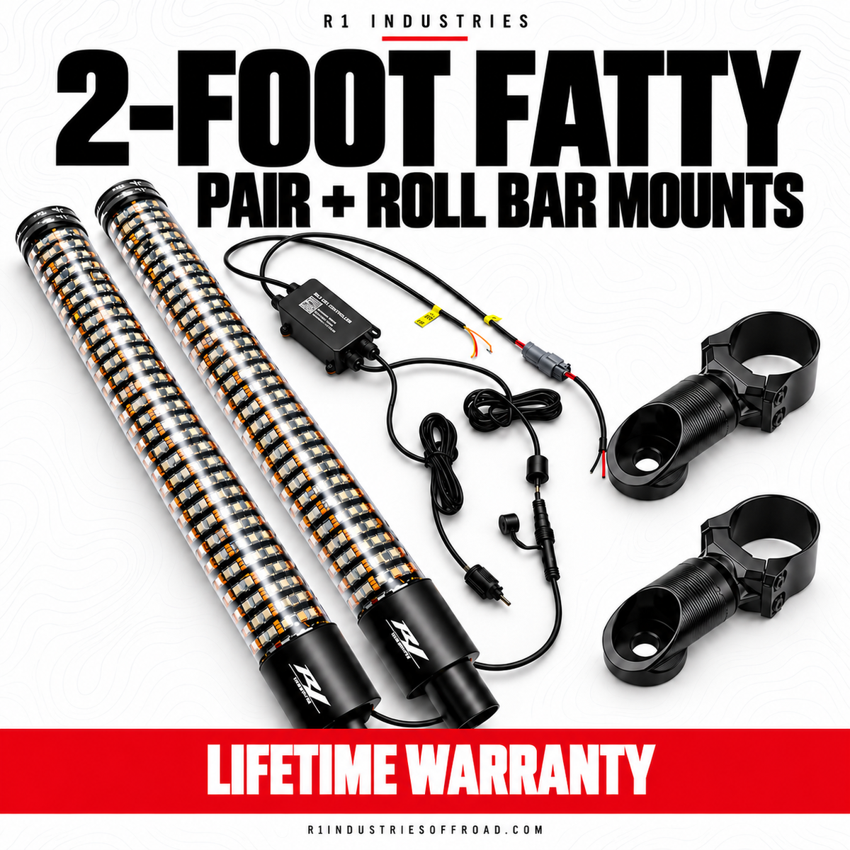 R1 Industries 2-FOOT FATTY PAIR + ROLL BAR MOUNTS — RGBW LED whip configuration — Lifetime Warranty