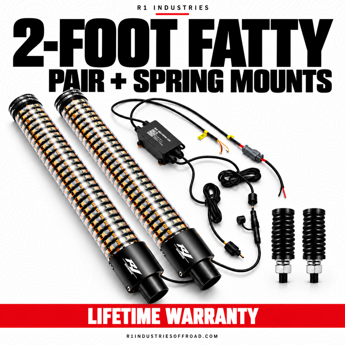 R1 Industries 2-FOOT FATTY PAIR + SPRING MOUNTS — RGBW LED whip configuration — Lifetime Warranty