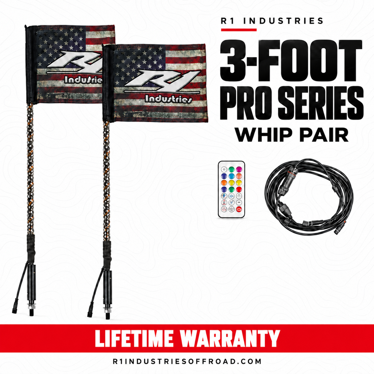 R1 Industries 3-FOOT PRO SERIES WHIP PAIR — RGBW LED whip configuration — Lifetime Warranty