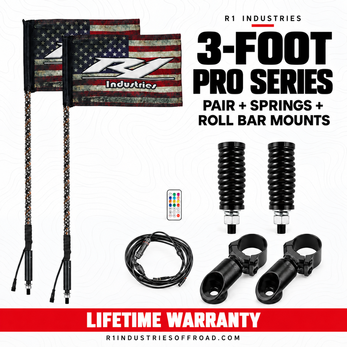 R1 Industries 3-FOOT PRO SERIES PAIR + SPRINGS + ROLL BAR MOUNTS — RGBW LED whip configuration — Lifetime Warranty