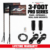 R1 Industries 3-FOOT PRO SERIES PAIR + SPRINGS + ROLL BAR MOUNTS — RGBW LED whip configuration — Lifetime Warranty