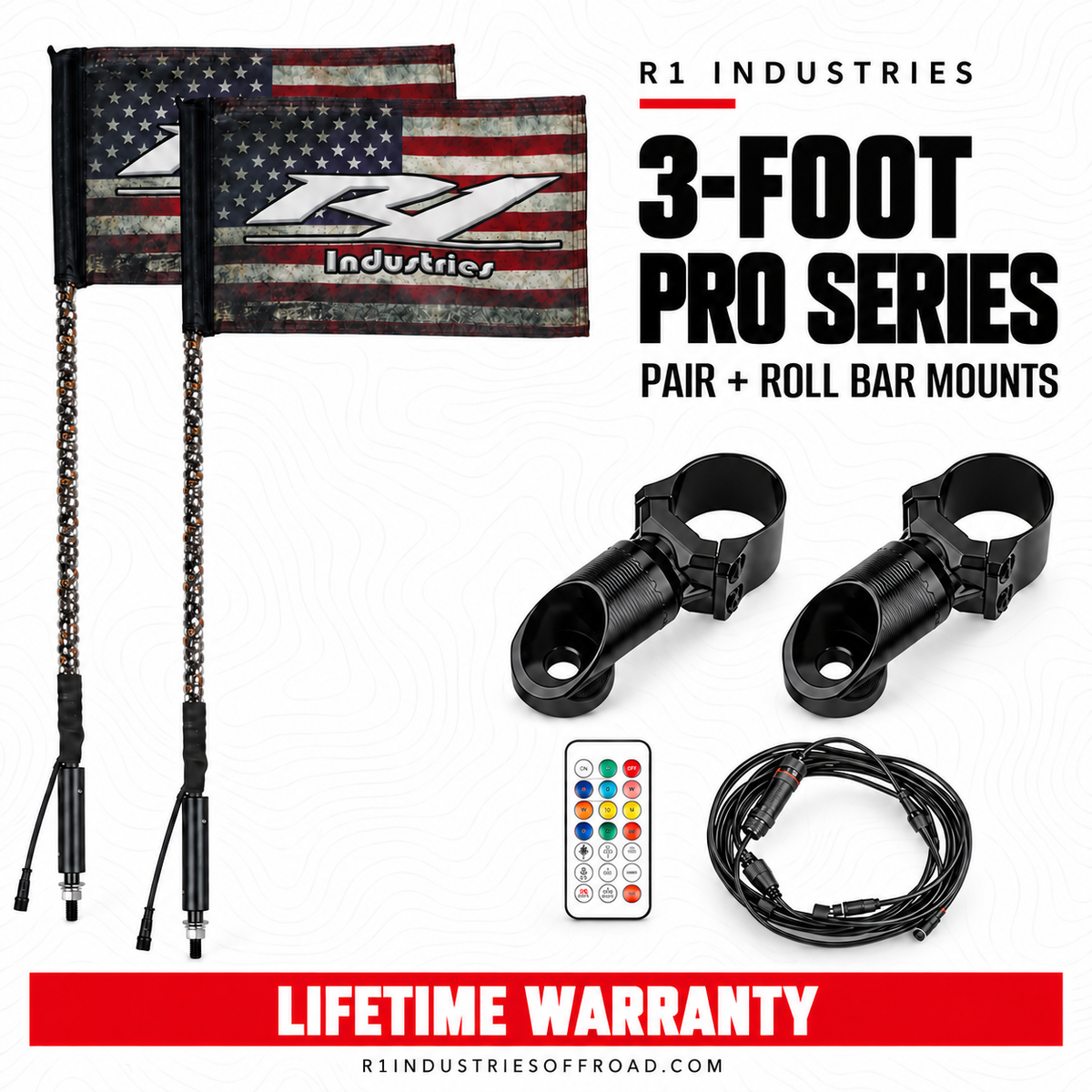 R1 Industries 3-FOOT PRO SERIES PAIR + ROLL BAR MOUNTS — RGBW LED whip configuration — Lifetime Warranty