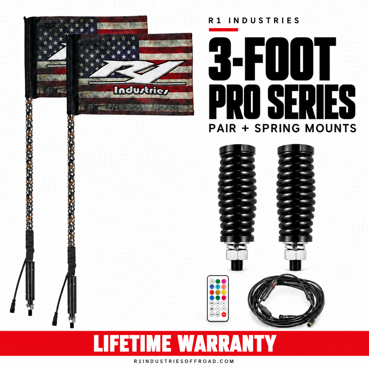 R1 Industries 3-FOOT PRO SERIES PAIR + SPRING MOUNTS — RGBW LED whip configuration — Lifetime Warranty