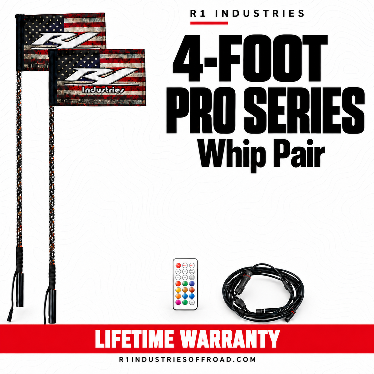 R1 Industries 4-FOOT PRO SERIES WHIP PAIR — RGBW LED whip configuration — Lifetime Warranty