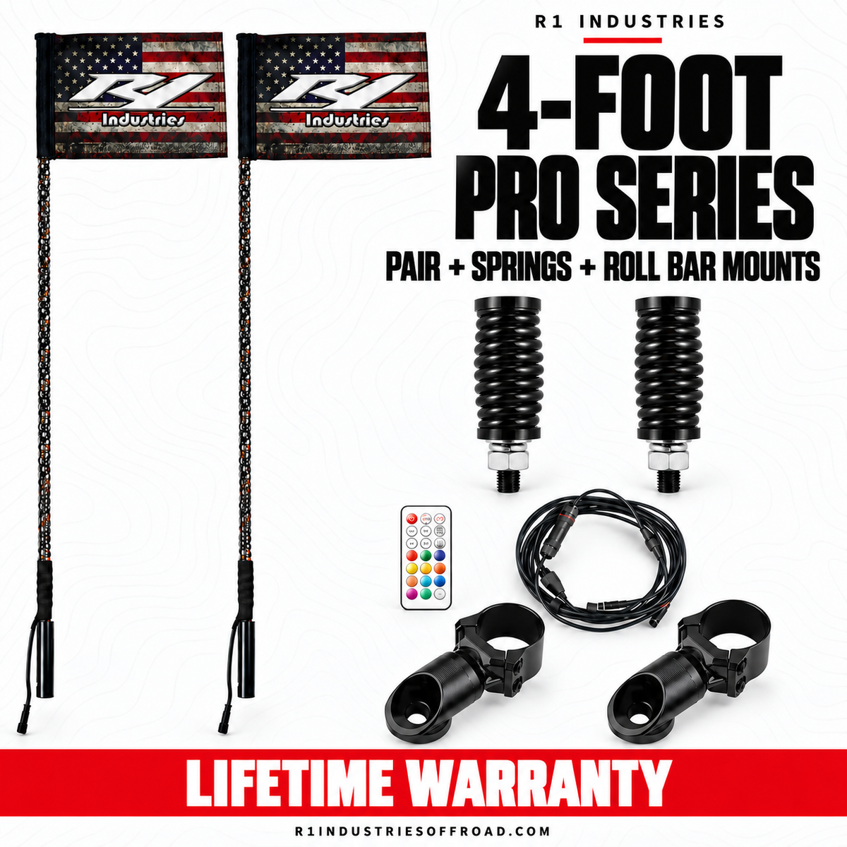 R1 Industries 4-FOOT PRO SERIES PAIR + SPRINGS + ROLL BAR MOUNTS — RGBW LED whip configuration — Lifetime Warranty