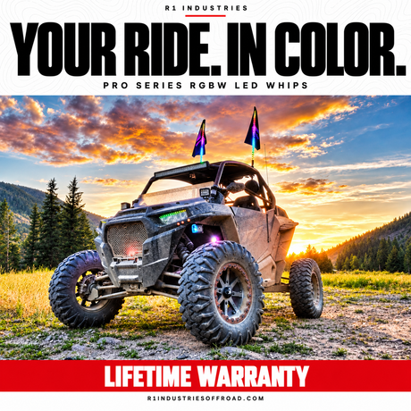 R1 Pro Series RGBW whips on a UTV at a mountain sunset — Lifetime Warranty