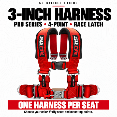 Red 50 Caliber Racing Pro Series 3-inch 4-point race-latch harness with color examples