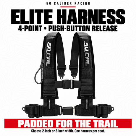 Black 50 Caliber Racing Elite 4-point push-button harness with color examples