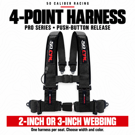 Black 50 Caliber Racing Pro Series 4-point push-button harness with color examples