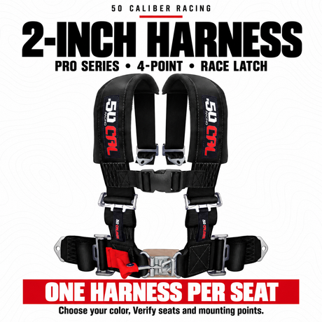 Black 50 Caliber Racing Pro Series 2-inch 4-point race-latch harness with color examples