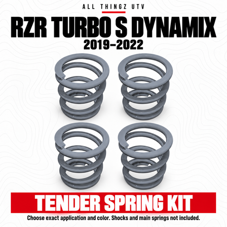 RZR Turbo S Dynamix tender spring kit storefront graphic with four red springs and multiple color options.