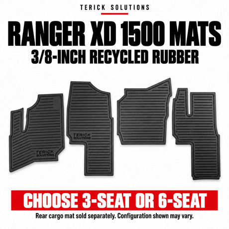 Terick Polaris Ranger XD 1500 six-seat cabin floor-mat set illustrated with a crew vehicle; cargo mat is a separate option