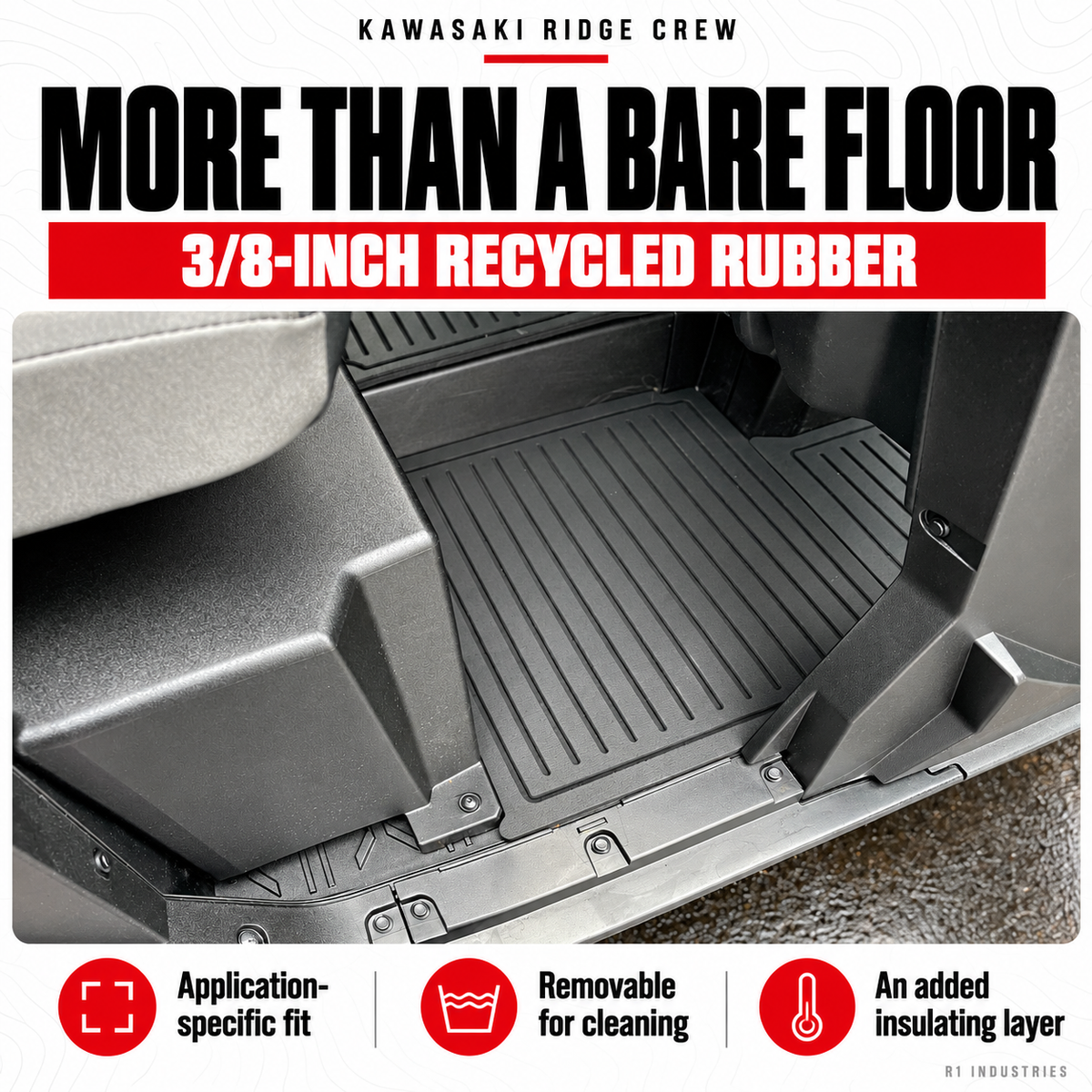 Kawasaki Ridge Crew mats — 3/8-inch recycled rubber, application-specific fit and removable cleaning