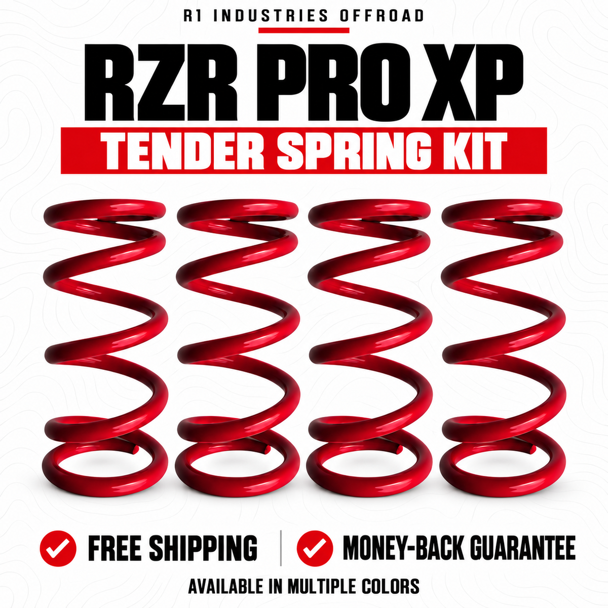 RZR Pro XP tender spring kit storefront graphic with four red springs and multiple color options.