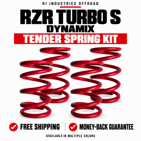 RZR Turbo S Dynamix tender spring kit storefront graphic with four red springs and multiple color options.