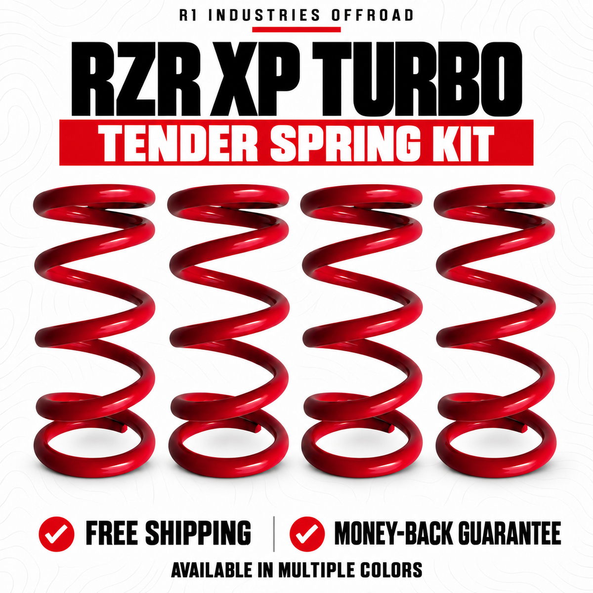RZR XP Turbo tender spring kit storefront graphic with four red springs and multiple color options.