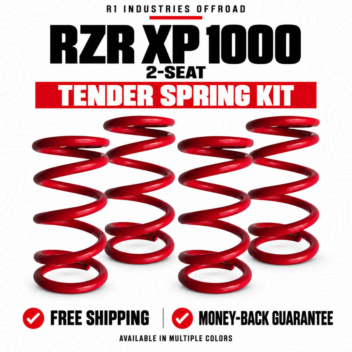 RZR XP 1000 2-seat tender spring kit storefront graphic with four red springs and multiple color options.