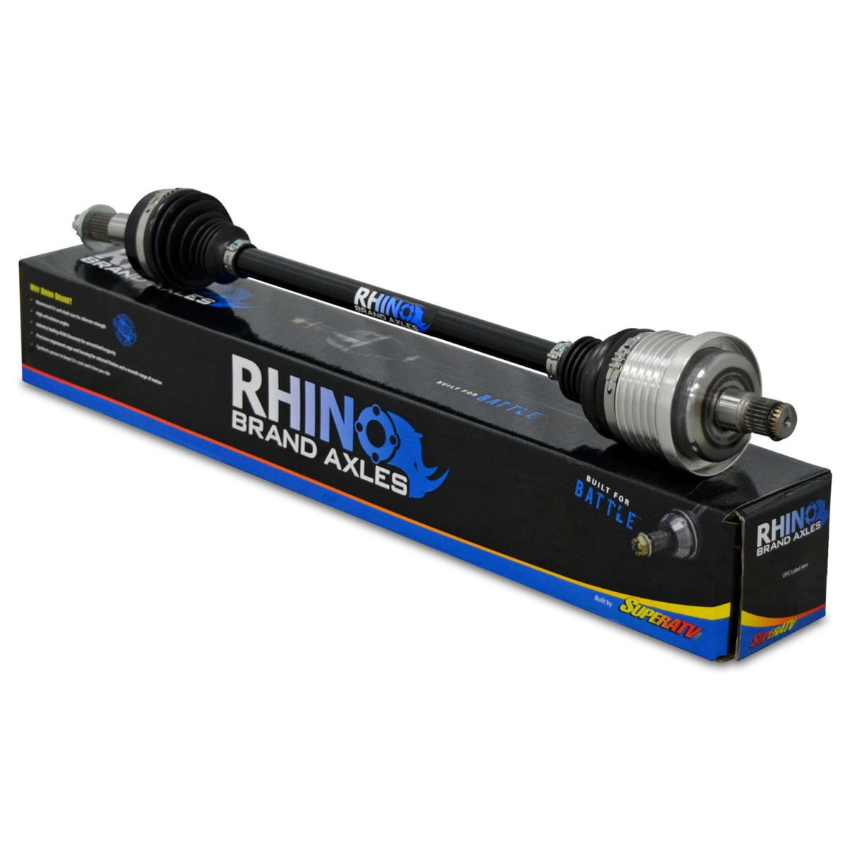 SuperATV Rhino axle on its branded packaging. Representative photo; configuration varies by selected fitment.