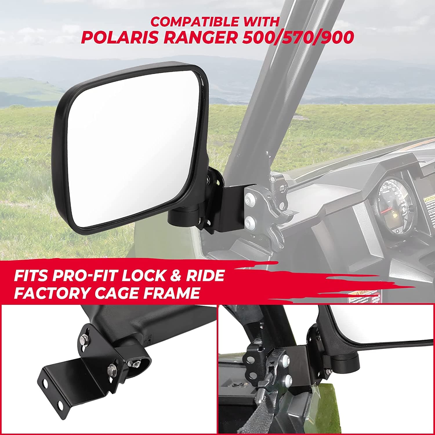 Photo of UTV Rear View Side Mirrors 7.8" Large Pro-fit Cab for Polaris Ranger 500/570/XP 900 by Kemimoto - Premium for UTVs / Side by Sides