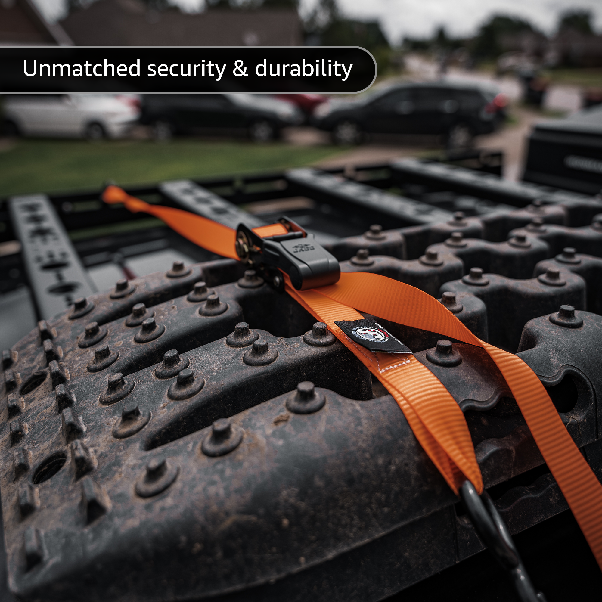 Photo of Tie Down Ratchet Straps (4 Pack) - 1 in x 15 ft | AAR Certified Break Strength (1,823 lbs) | Cargo Tie Down Set by JACO - Premium Tie Downs for UTVs / Side by Sides