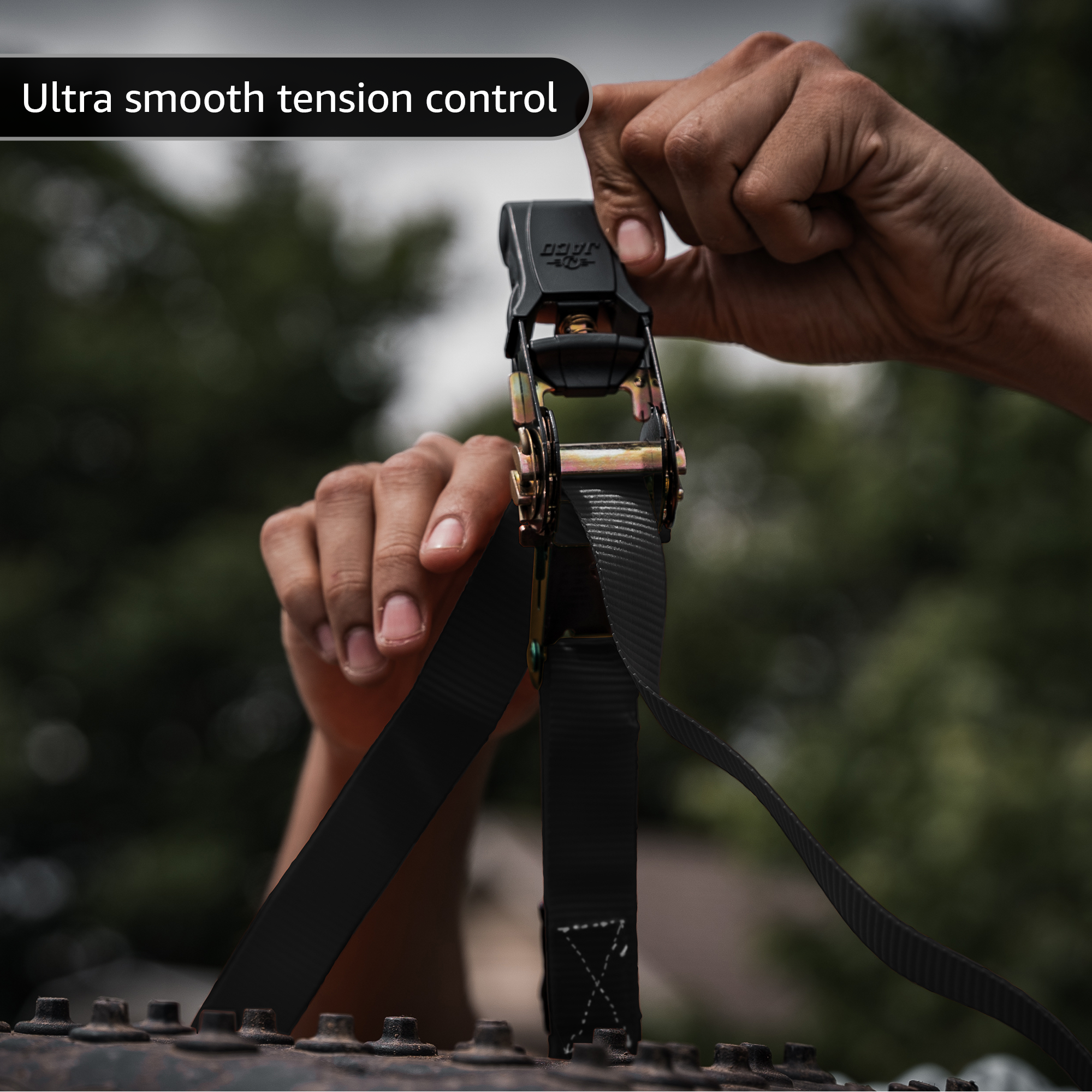 Photo of Tie Down Ratchet Straps (4 Pack) - 1 in x 15 ft | AAR Certified Break Strength (1,823 lbs) | Cargo Tie Down Set by JACO - Premium Tie Downs for UTVs / Side by Sides