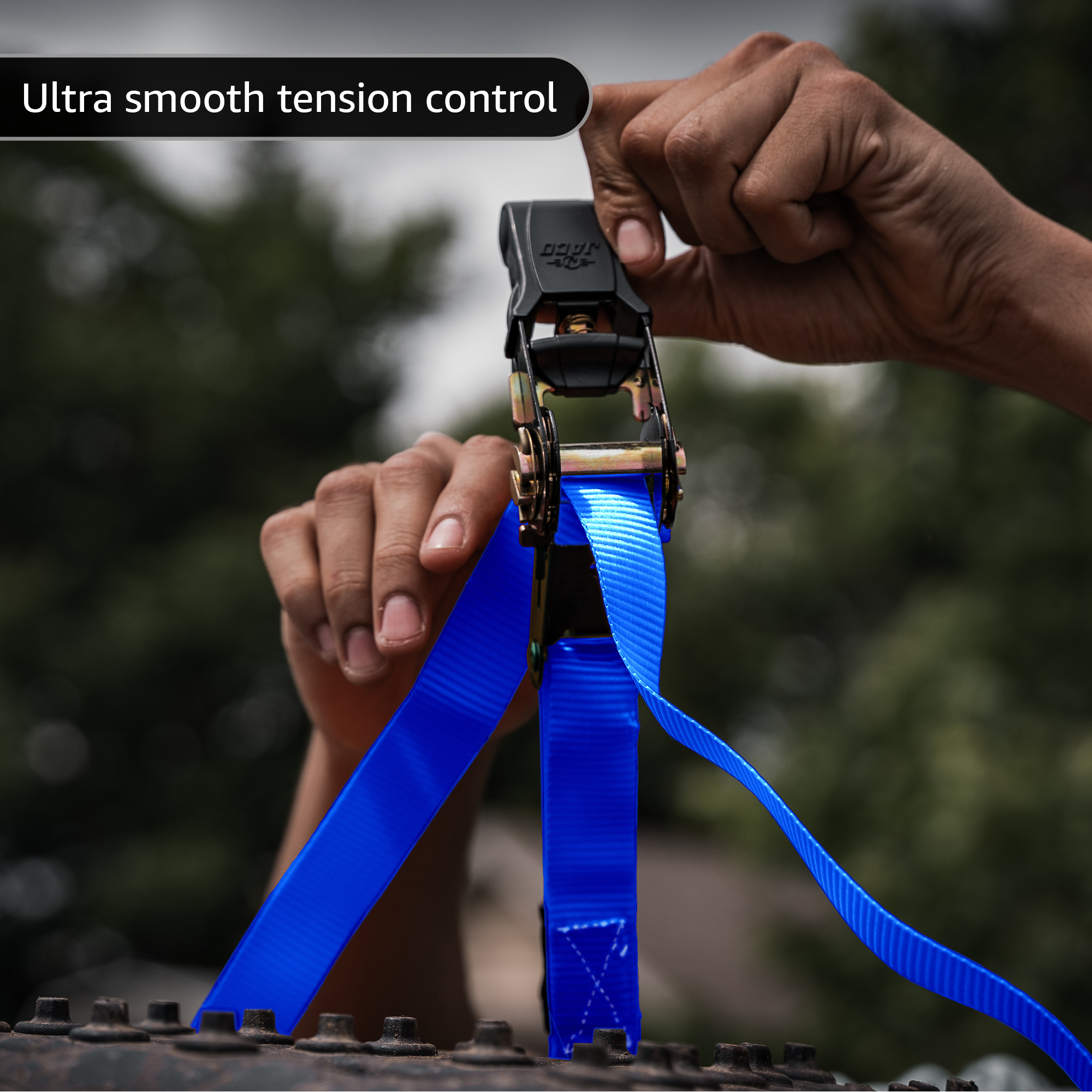 Photo of Tie Down Ratchet Straps (4 Pack) - 1 in x 15 ft | AAR Certified Break Strength (1,823 lbs) | Cargo Tie Down Set by JACO - Premium Tie Downs for UTVs / Side by Sides