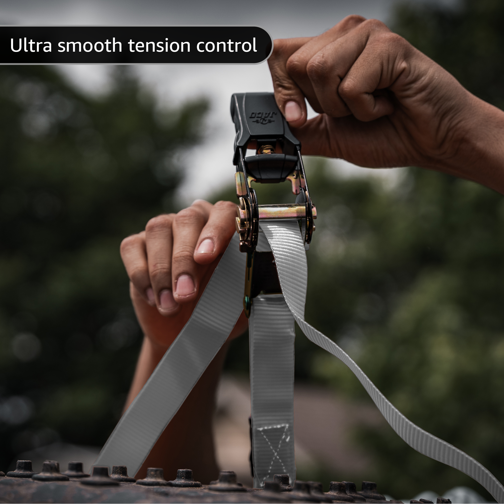 Photo of Tie Down Ratchet Straps (4 Pack) - 1 in x 15 ft | AAR Certified Break Strength (1,823 lbs) | Cargo Tie Down Set by JACO - Premium Tie Downs for UTVs / Side by Sides