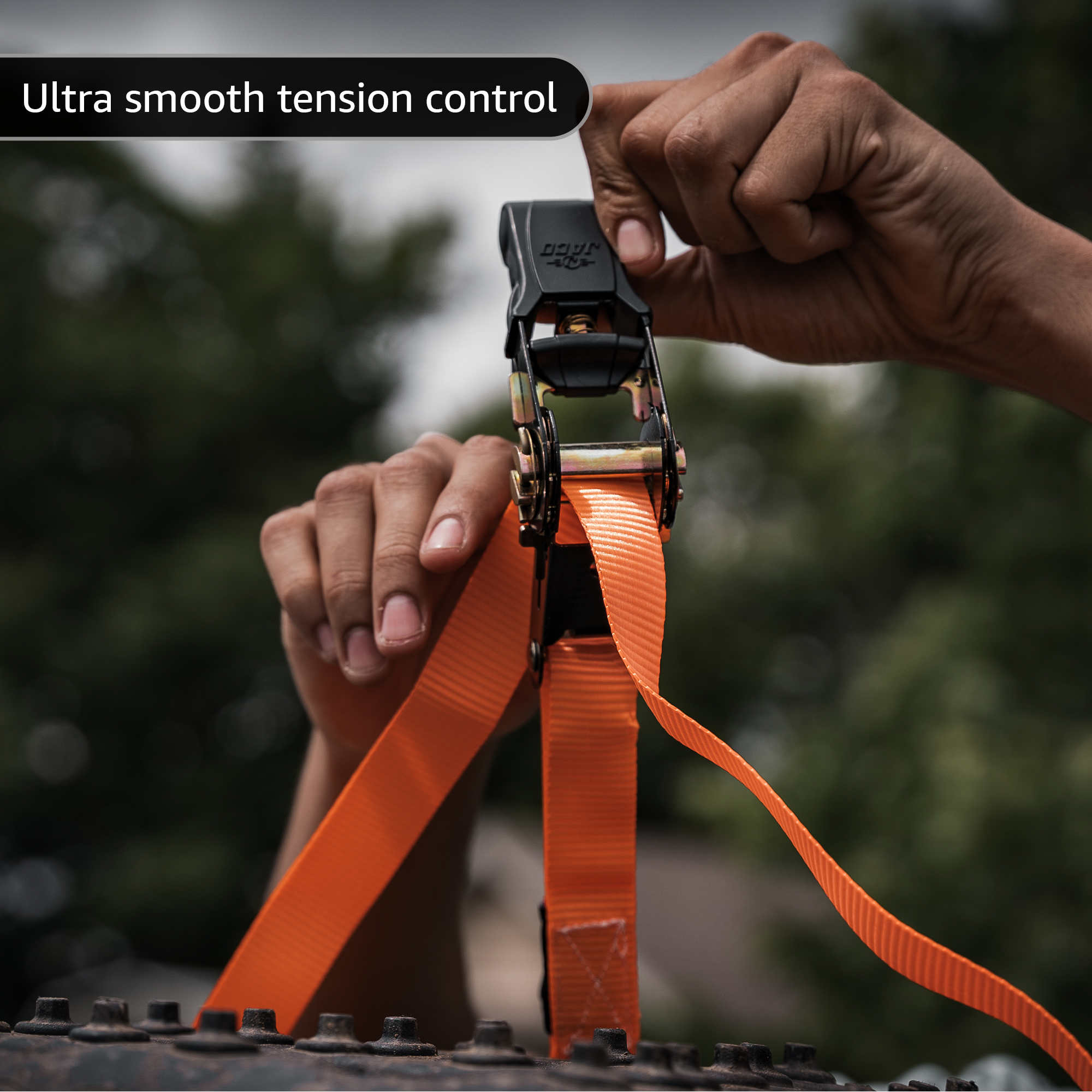 Photo of Tie Down Ratchet Straps (4 Pack) - 1 in x 15 ft | AAR Certified Break Strength (1,823 lbs) | Cargo Tie Down Set by JACO - Premium Tie Downs for UTVs / Side by Sides