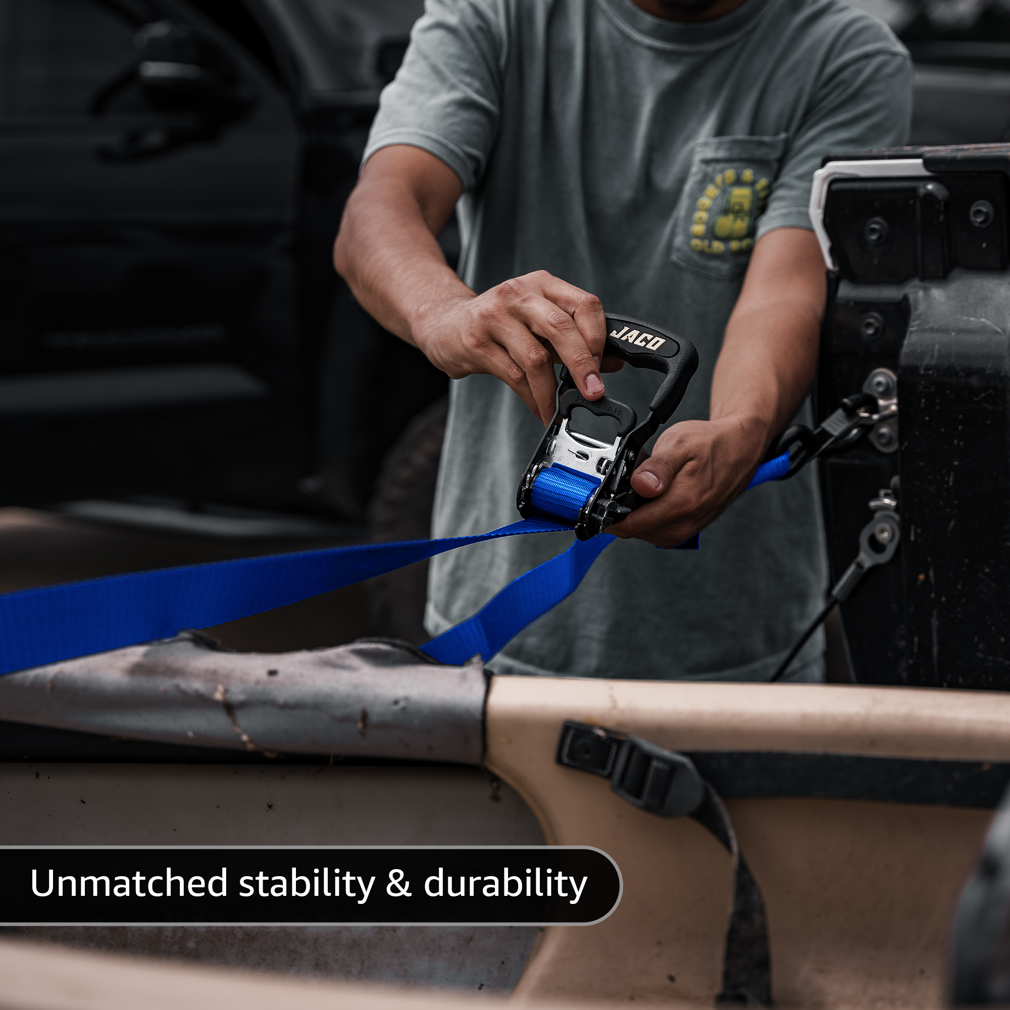 Photo of Heavy Duty Ratchet Tie Down Straps with Soft Loops (1.6" x 8 ft) | AAR Certified Break Strength (5,208 lbs) by JACO - Premium Tie Downs for UTVs / Side by Sides
