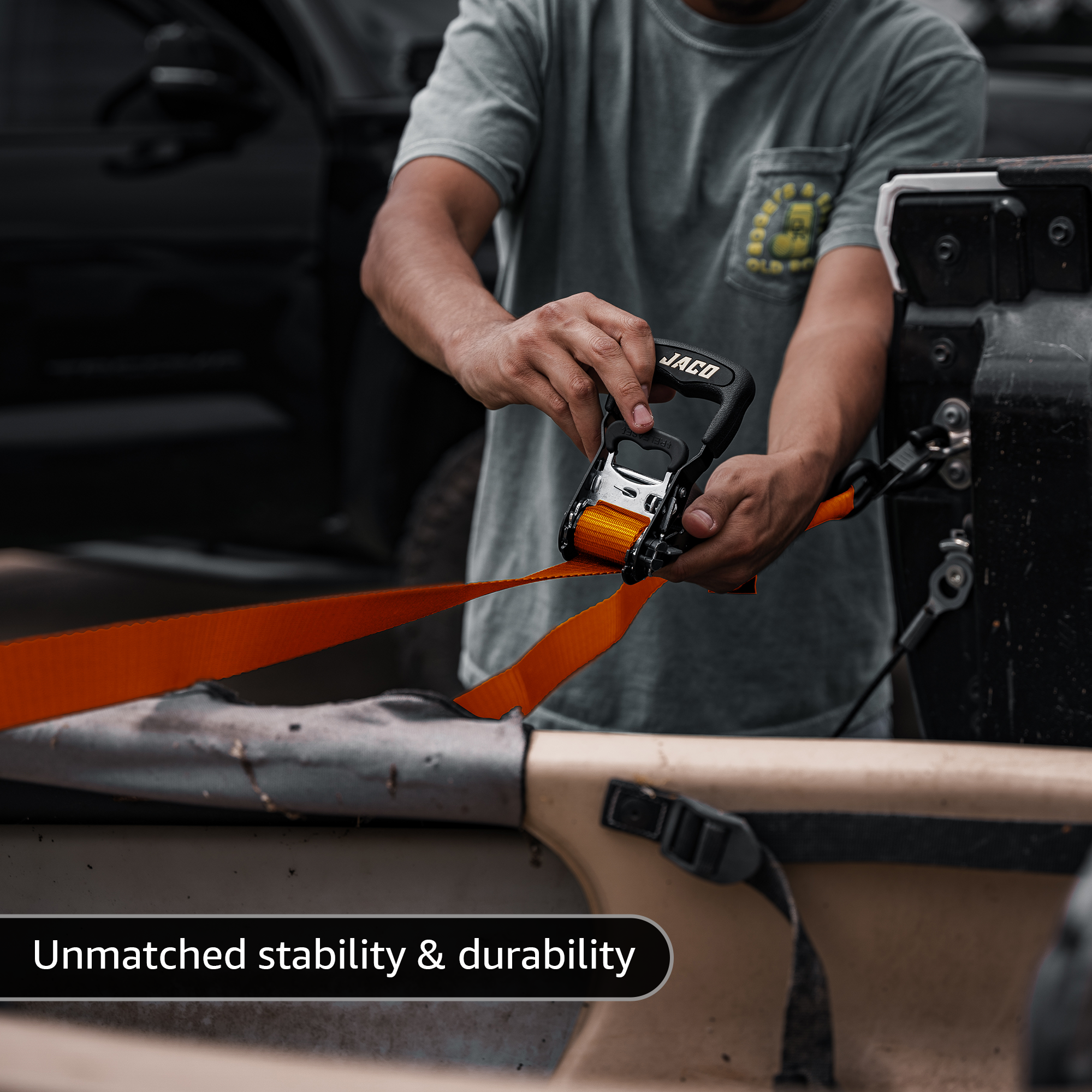 Photo of Heavy Duty Ratchet Tie Down Straps with Soft Loops (1.6" x 8 ft) | AAR Certified Break Strength (5,208 lbs) by JACO - Premium Tie Downs for UTVs / Side by Sides