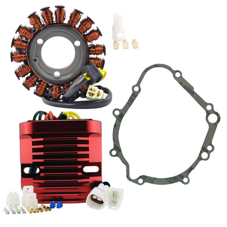 Photo of Kit Stator + CNC Red Machined Aluminum Mosfet Regulator + Gasket for GSXR 600 / 750 2006-2009 2011-2019 | # 31401-01H00 by RM STATOR - Premium for UTVs / Side by Sides