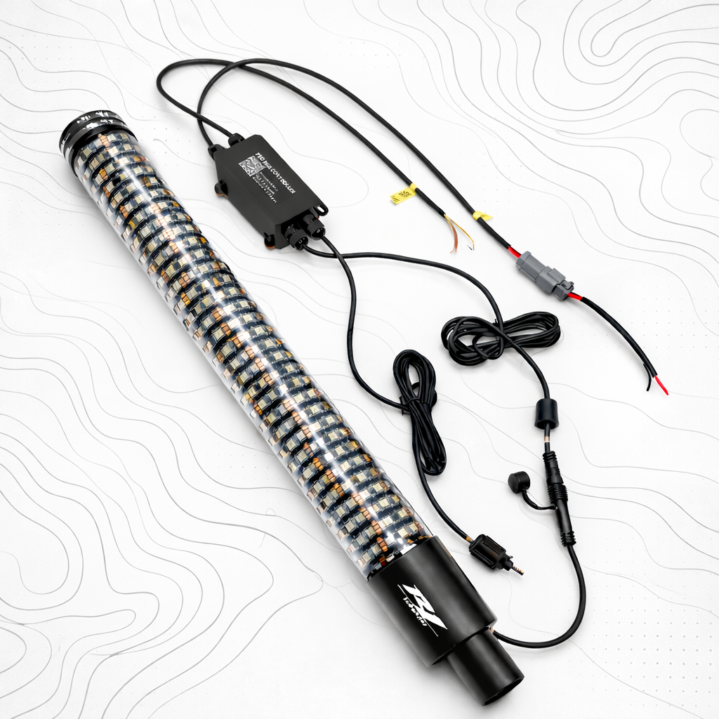LED light whips with wiring and connectors on a white background
