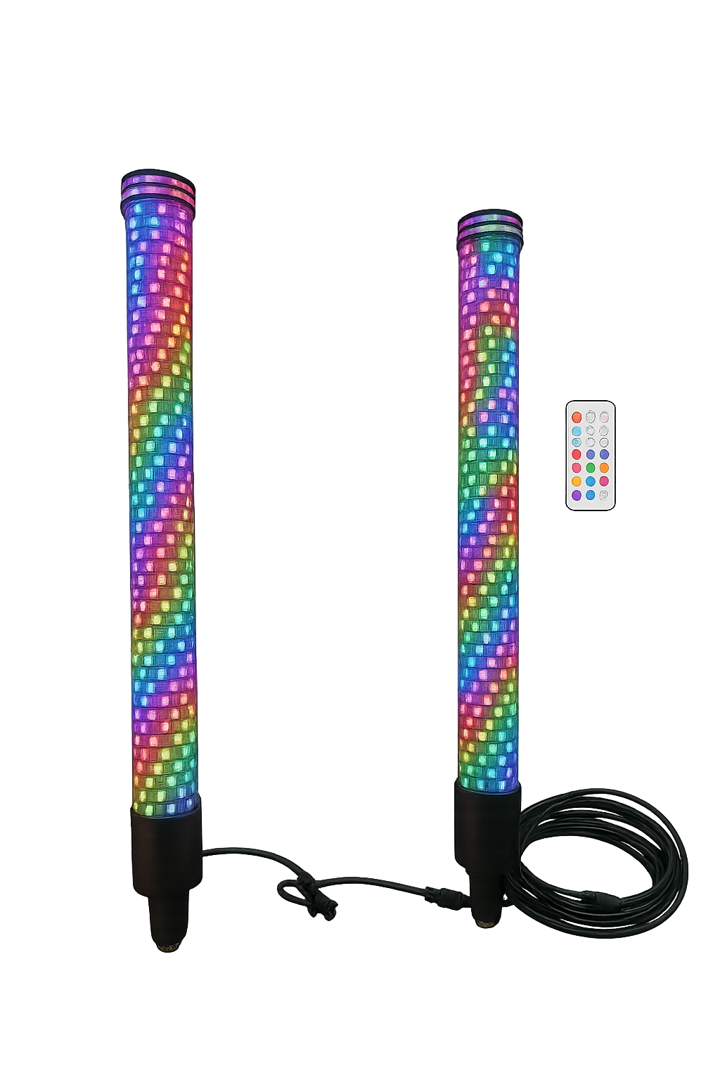 Two colorful LED light sticks with remote control on a white background