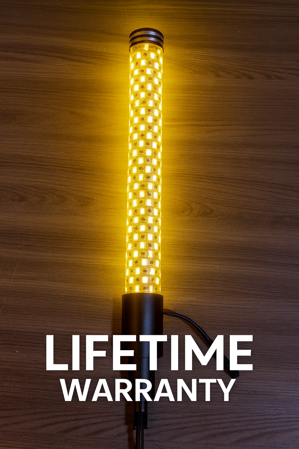 Yellow LED light whip on a wooden background with 'LIFETIME WARRANTY' text.