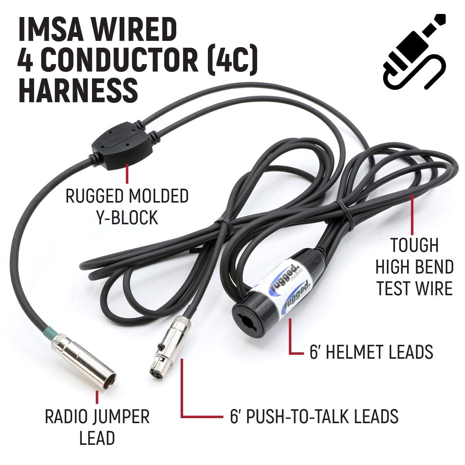 Photo of IMSA 4-Conductor 4C Circle Track Road Race Car Harness by Rugged Radios - Premium for UTVs / Side by Sides