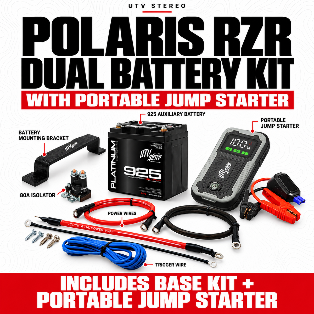 POLARIS RZR DUAL BATTERY KIT with PORTABLE JUMP STARTER; 925 auxiliary battery, mount, 80A isolator and wiring included