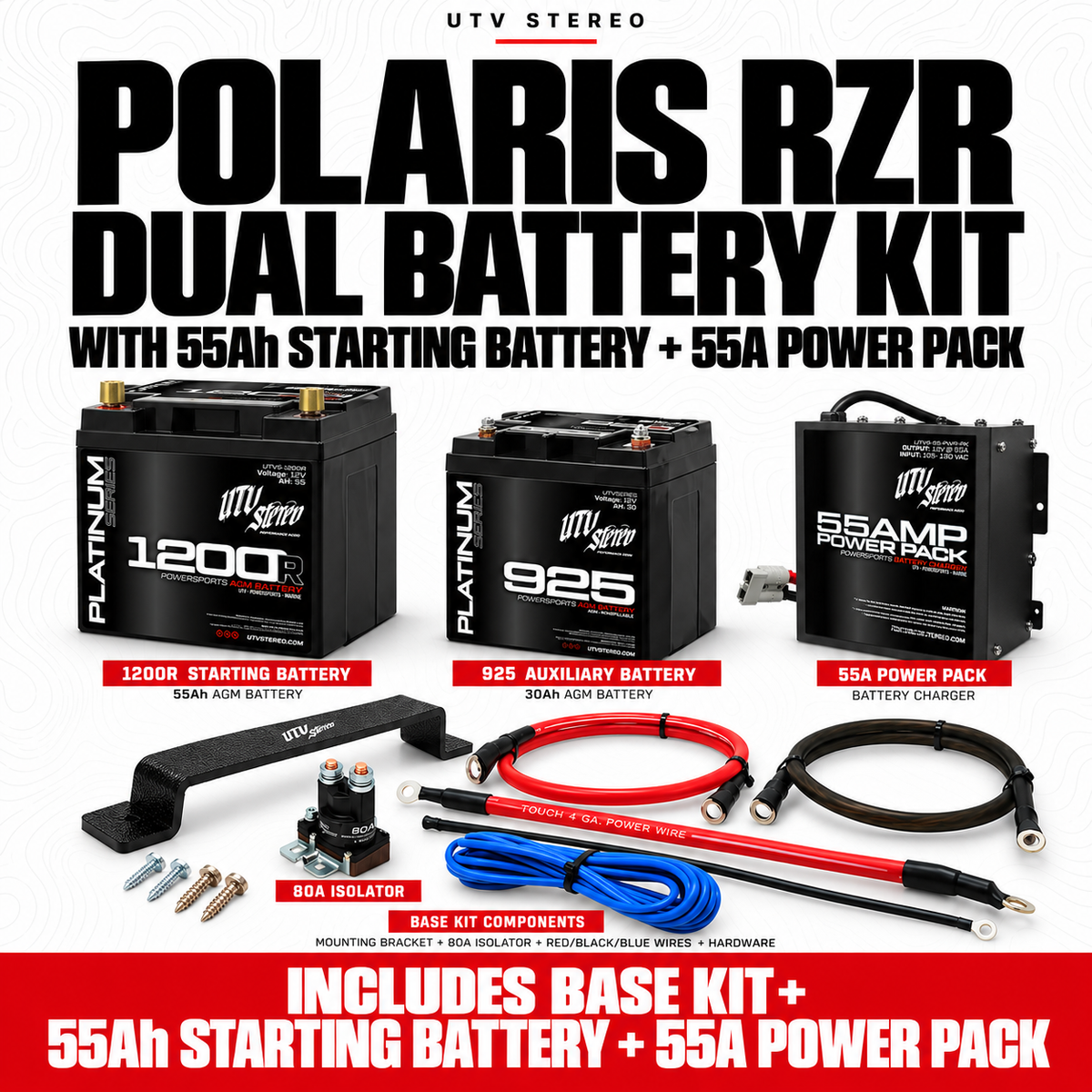 POLARIS RZR DUAL BATTERY KIT with 55Ah STARTING BATTERY, 55A POWER PACK; 925 auxiliary battery, mount, 80A isolator and wiring included
