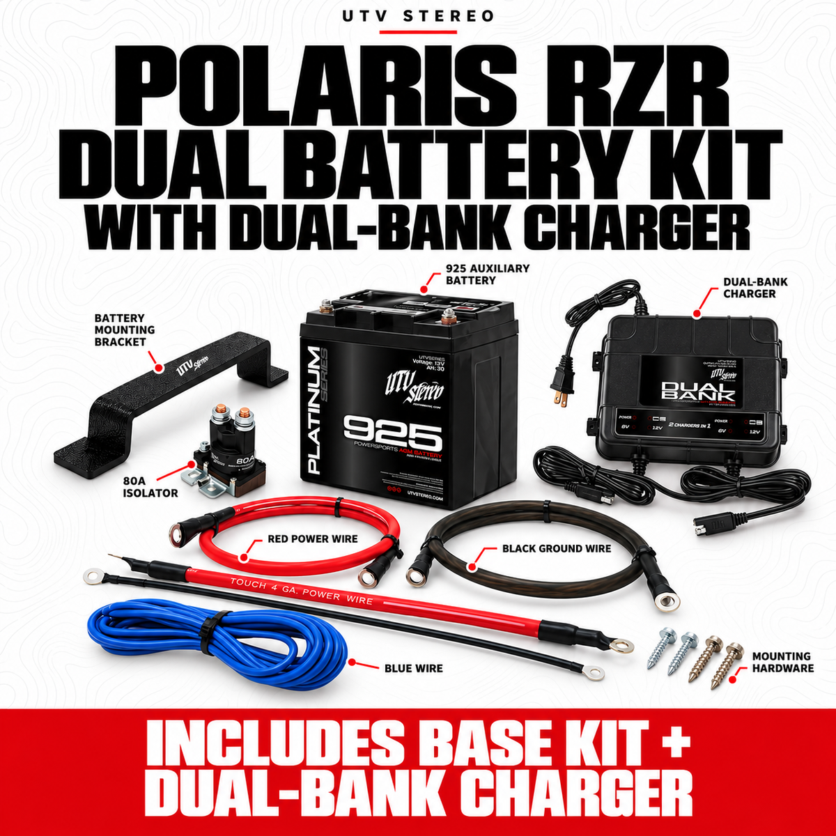 POLARIS RZR DUAL BATTERY KIT with DUAL-BANK CHARGER; 925 auxiliary battery, mount, 80A isolator and wiring included