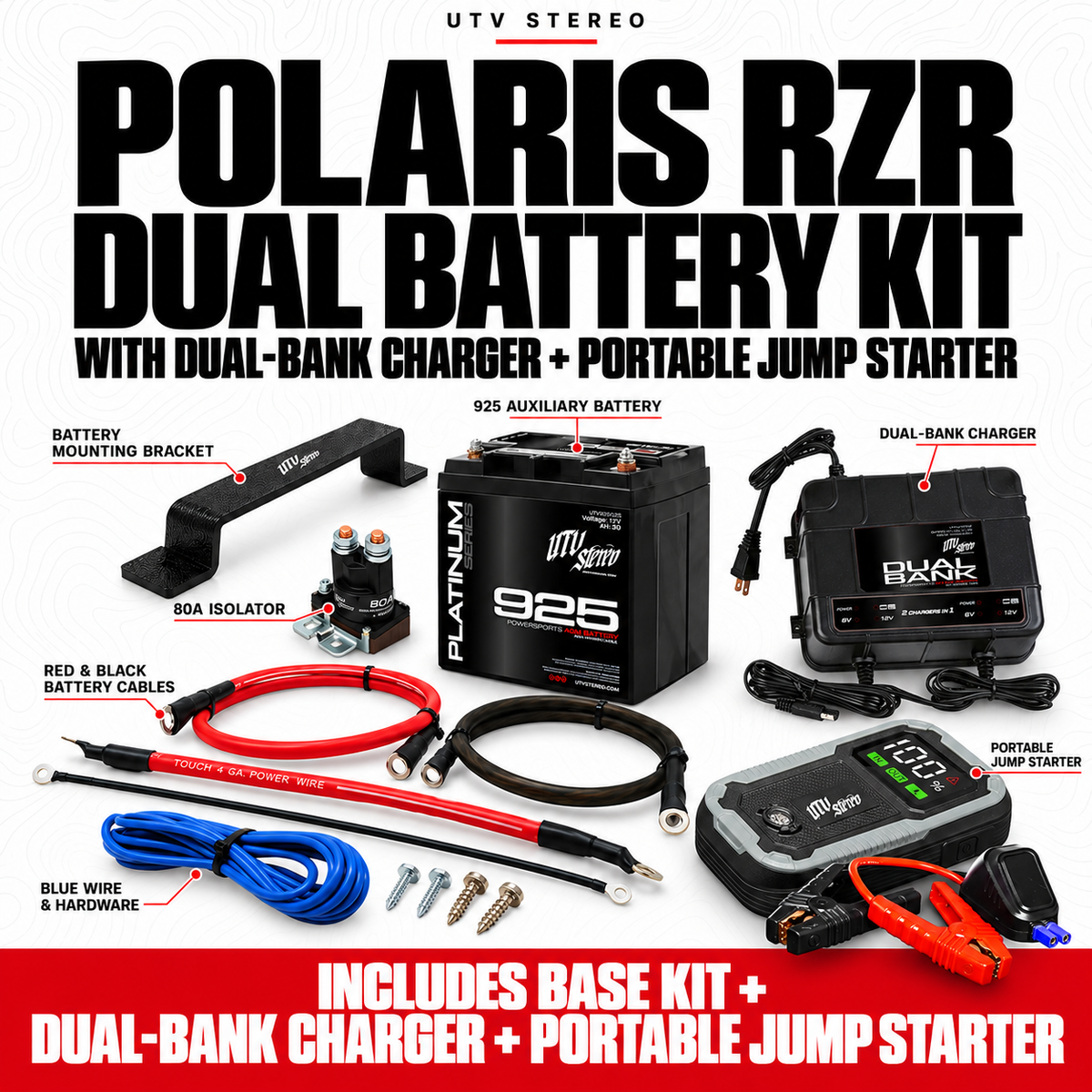 POLARIS RZR DUAL BATTERY KIT with DUAL-BANK CHARGER, PORTABLE JUMP STARTER; 925 auxiliary battery, mount, 80A isolator and wiring included