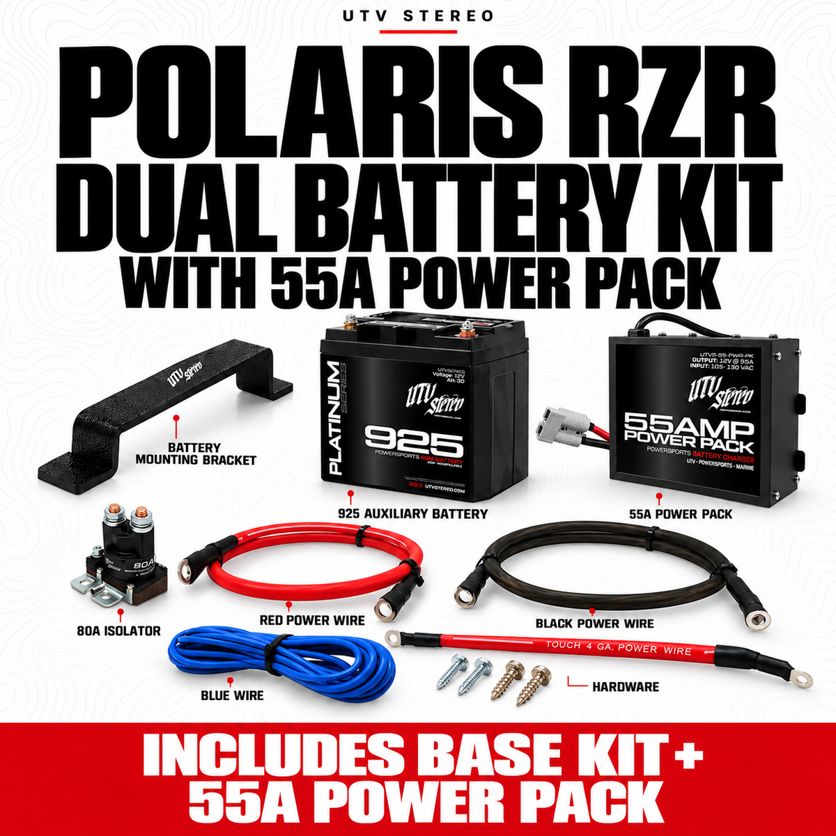 POLARIS RZR DUAL BATTERY KIT with 55A POWER PACK; 925 auxiliary battery, mount, 80A isolator and wiring included
