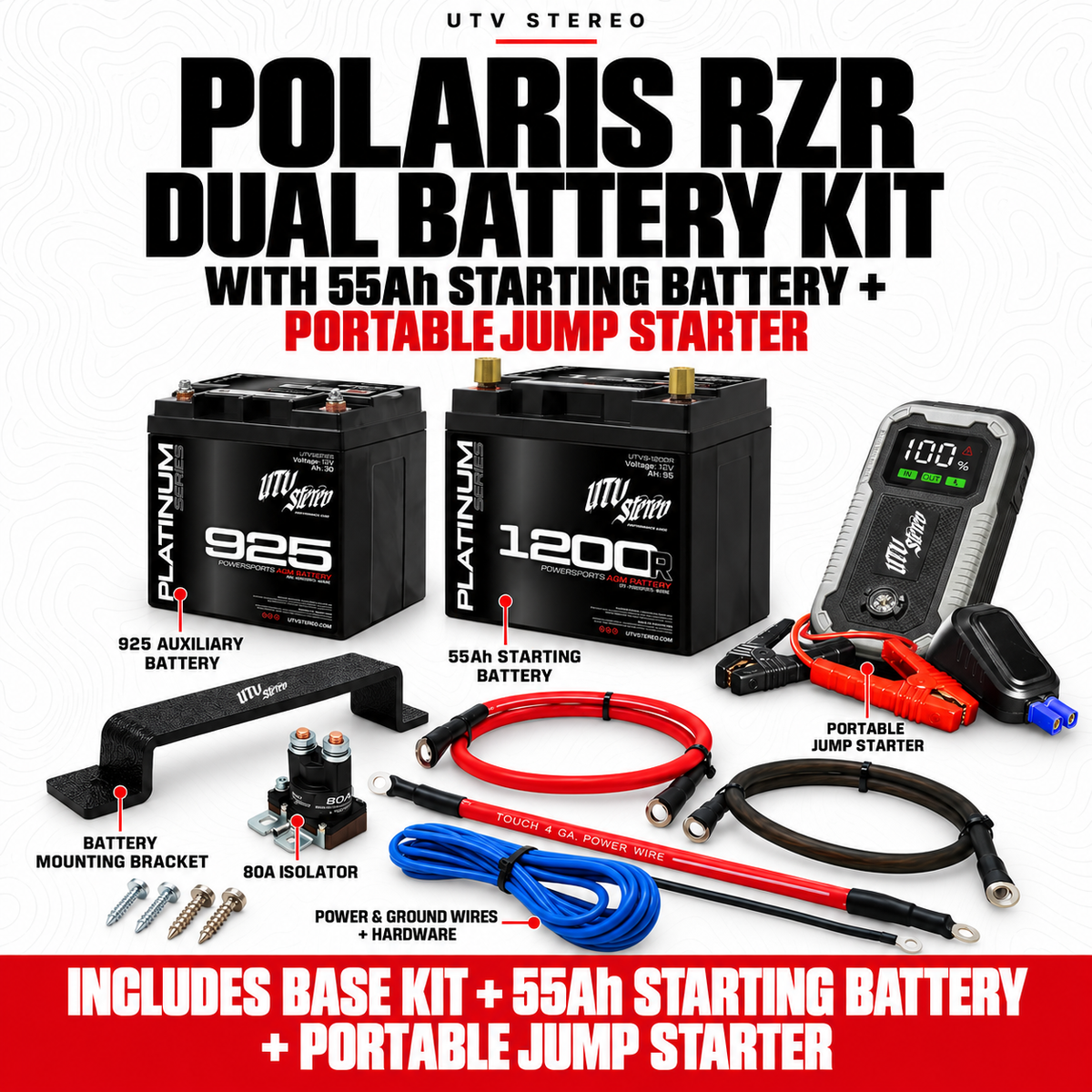 POLARIS RZR DUAL BATTERY KIT with 55Ah STARTING BATTERY, PORTABLE JUMP STARTER; 925 auxiliary battery, mount, 80A isolator and wiring included