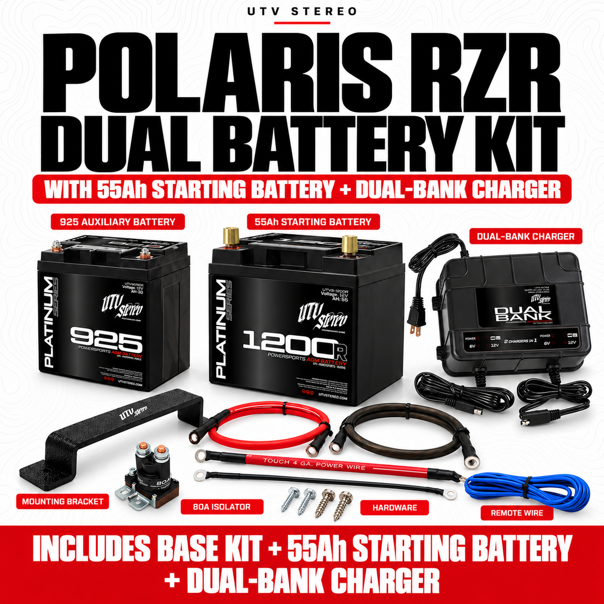 POLARIS RZR DUAL BATTERY KIT with 55Ah STARTING BATTERY, DUAL-BANK CHARGER; 925 auxiliary battery, mount, 80A isolator and wiring included