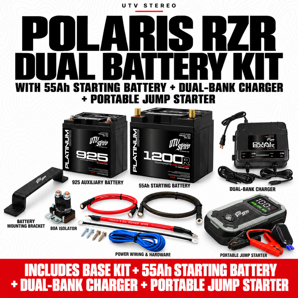 POLARIS RZR DUAL BATTERY KIT with 55Ah STARTING BATTERY, DUAL-BANK CHARGER, PORTABLE JUMP STARTER; 925 auxiliary battery, mount, 80A isolator and wiring included