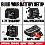 Optional RZR starting battery, dual bank charger, power pack and jump starter
