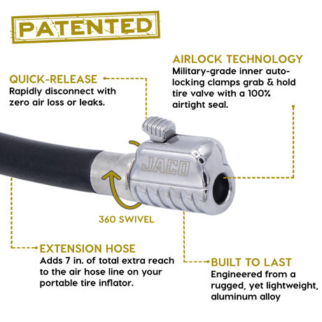 Photo of Lightning S2X Tire Inflator Hose Extension Self-Locking Nozzle | Patented Air Hose Adapter for Tire Pumps (Open Flow) by JACO - Premium Tire Inflator Hose Extension Nozzle for UTVs / Side by Sides